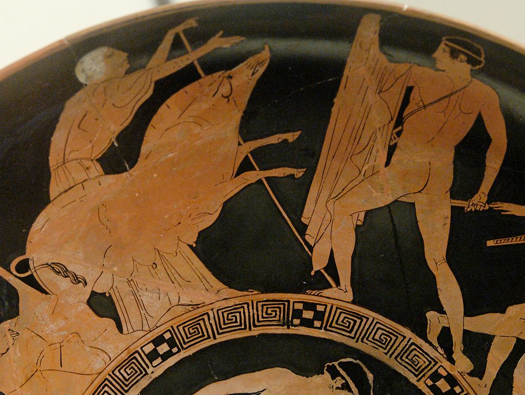 Theseus (on the right, posed like a tyrannicide) and the Crommyonian Sow (on the left): red-figure vase painting